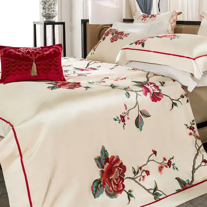 Cream floral 200s embroidery egyptian cotton bedding set bedroom
