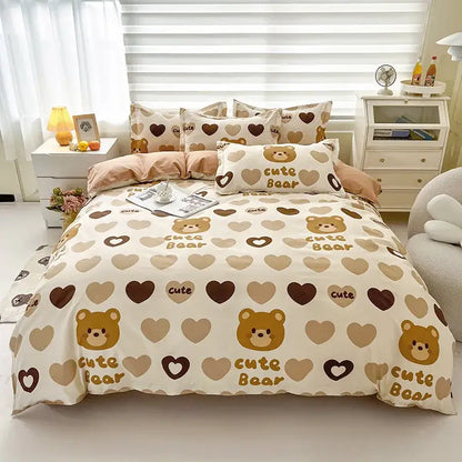 Cream floral cartoon printed bedding set for bedroom green accents