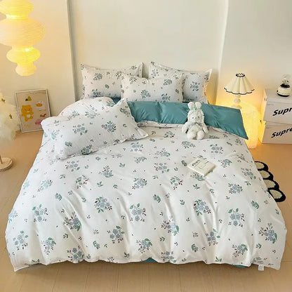 Cream floral cartoon printed bedding set for bedroom green accents