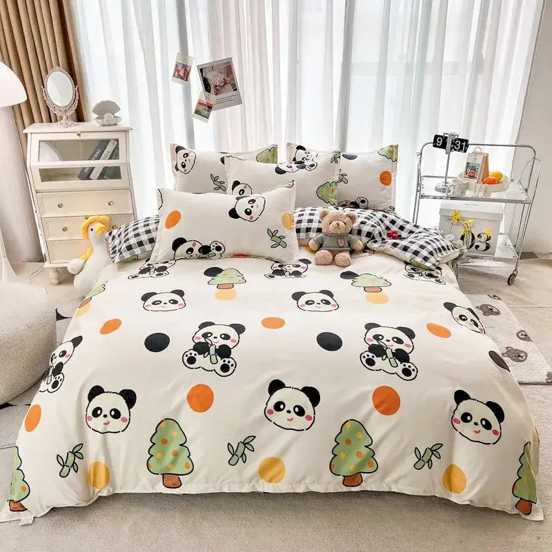 Cream floral cartoon printed bedding set for bedroom green accents