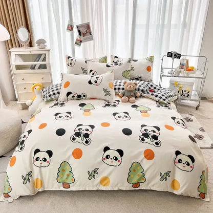 Cream floral cartoon printed bedding set for bedroom green accents
