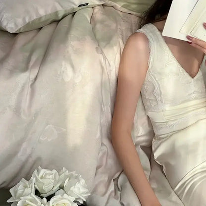 Cream floral cotton jacquard bedding set bedroom duvet cover