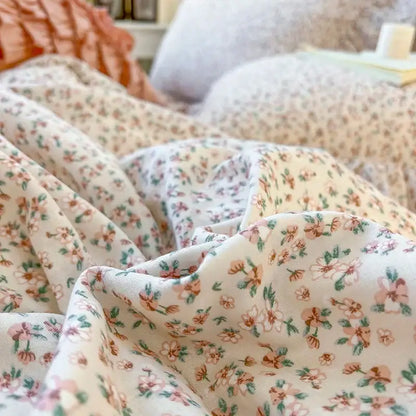 Cream floral double layer lace ruffles bedding set bedroom decor