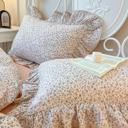 Cream floral double layer lace ruffles bedding set bedroom decor