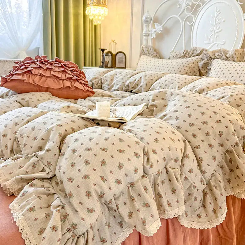 Cream floral double layer lace ruffles bedding set bedroom decor