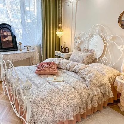 Cream floral double layer lace ruffles bedding set bedroom decor