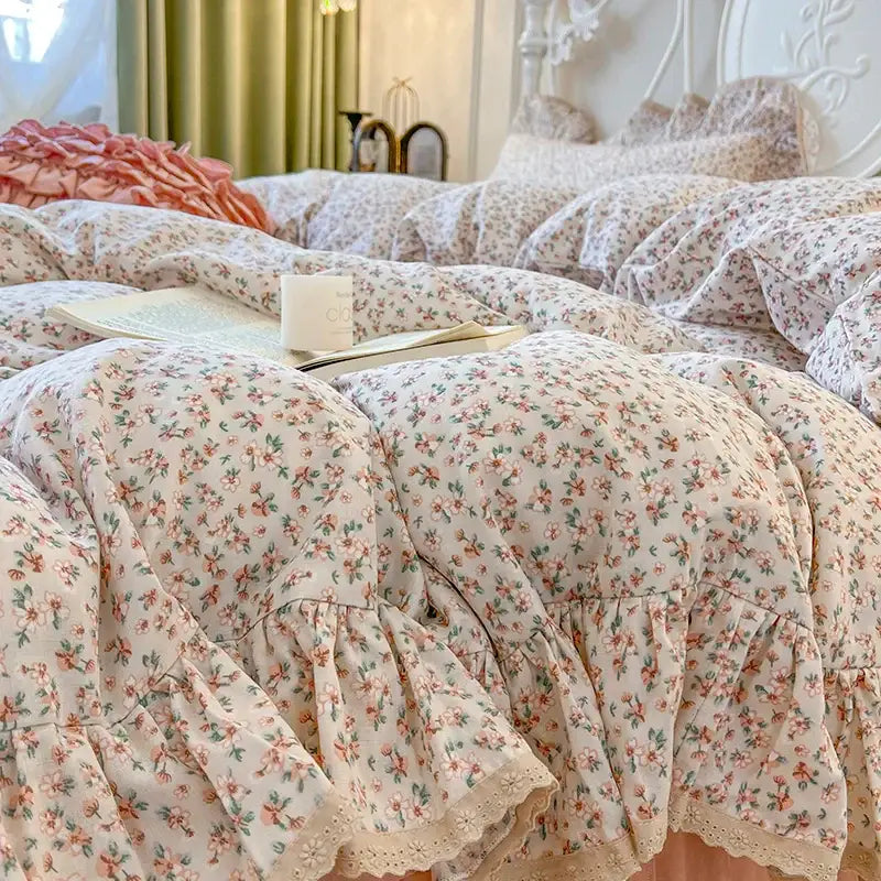Cream floral double layer lace ruffles bedding set bedroom decor