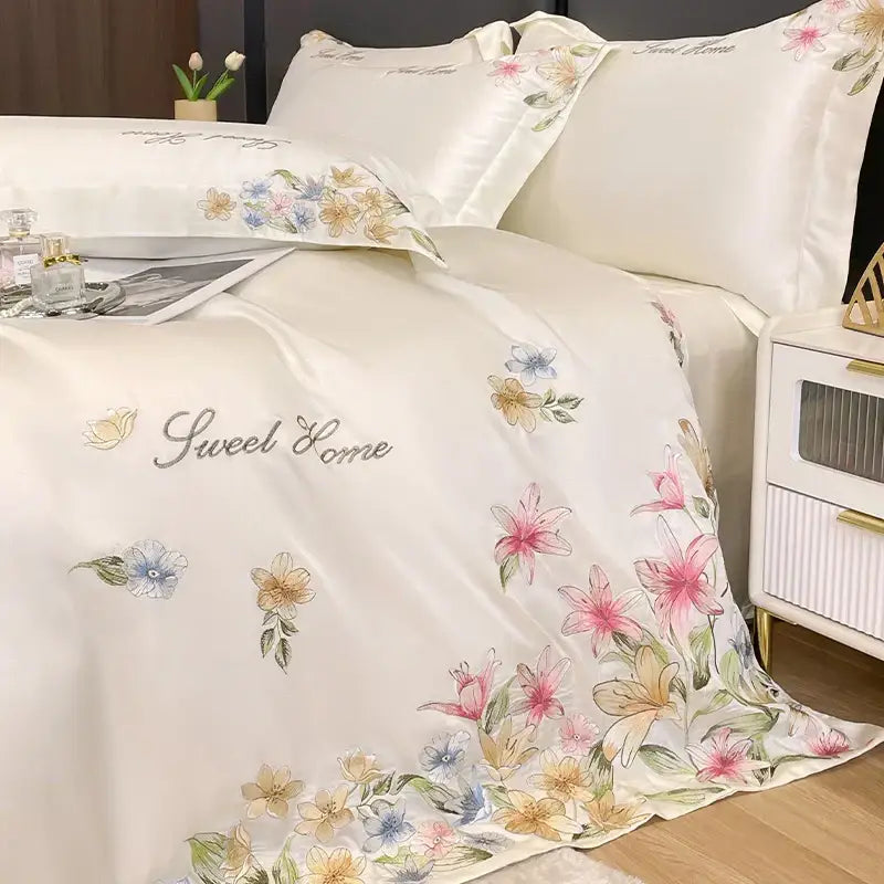 Cream floral embroidery silky duvet set bedroom sweet home decor