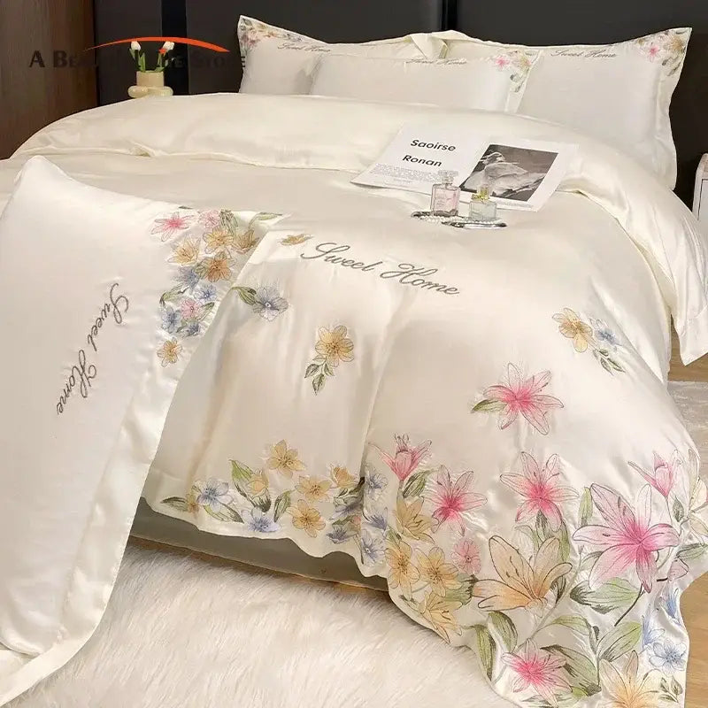 Cream floral embroidery silky duvet set bedroom sweet home decor