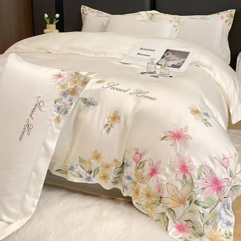 Cream floral embroidery silky duvet set bedroom sweet home decor