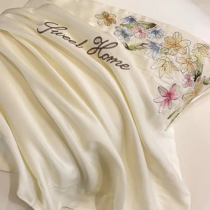 Cream floral embroidery silky duvet set bedroom sweet home decor