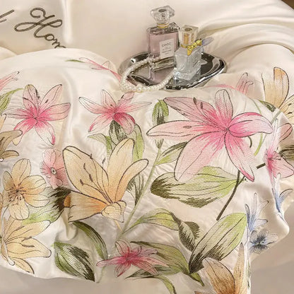 Cream floral embroidery silky duvet set bedroom sweet home decor