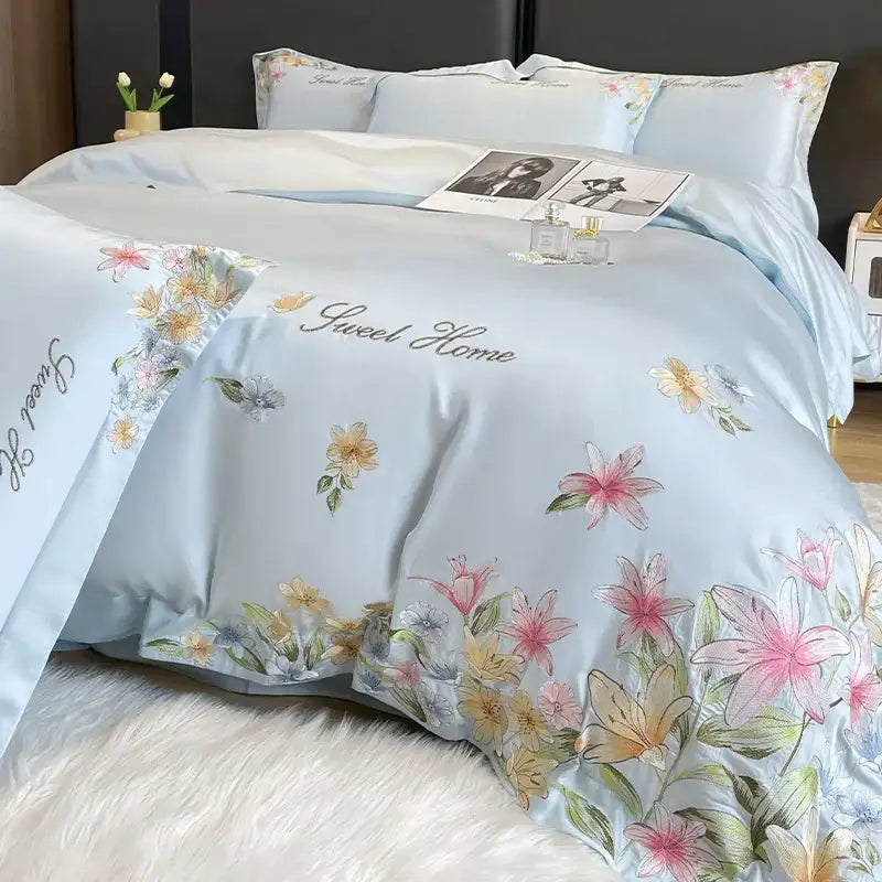 Cream floral embroidery silky duvet set bedroom sweet home decor
