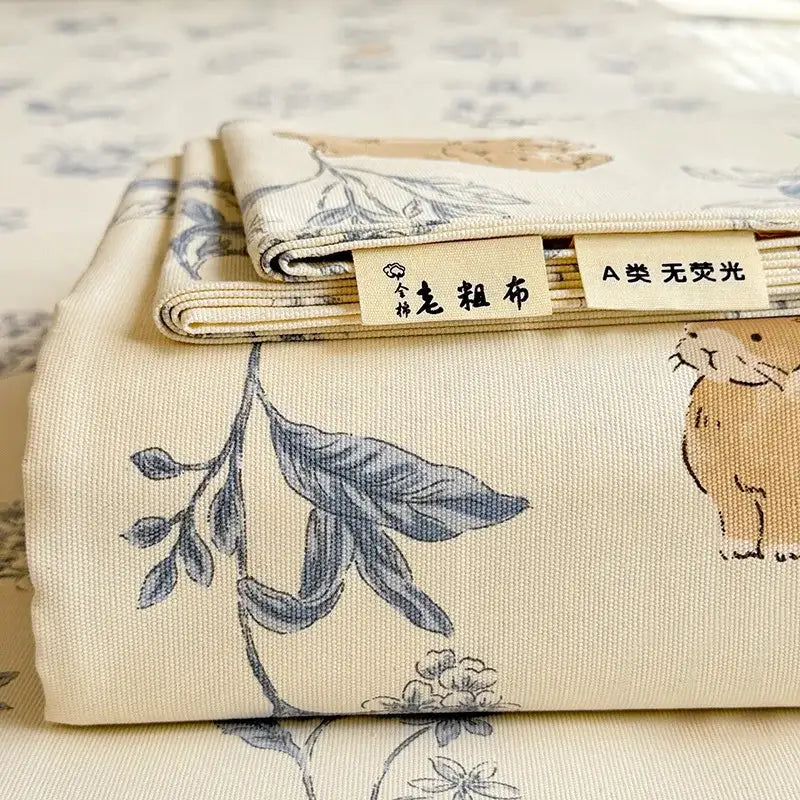 Cream flower print satin bed cover bedroom mattress protector