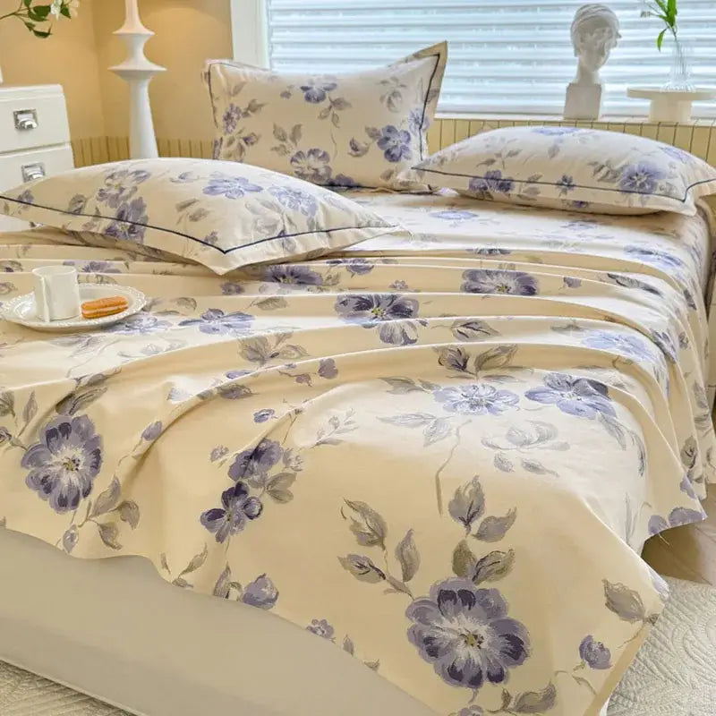 Cream flower print satin bed cover bedroom mattress protector