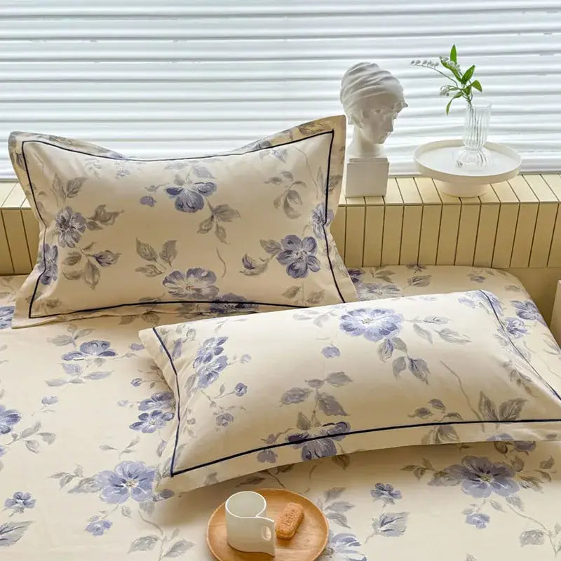 Cream flower print satin bed cover bedroom mattress protector