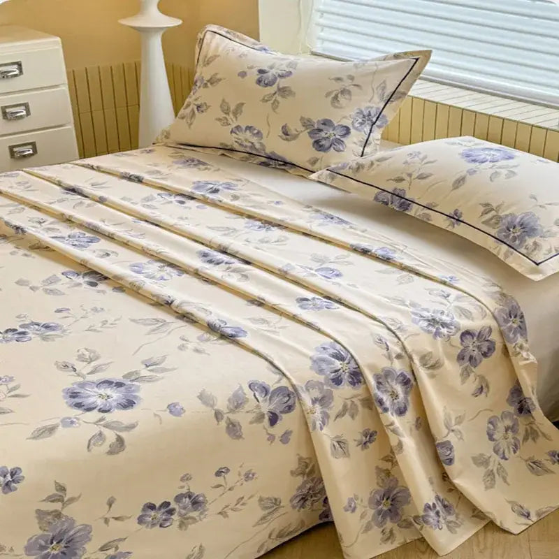 Cream flower print satin bed cover bedroom mattress protector