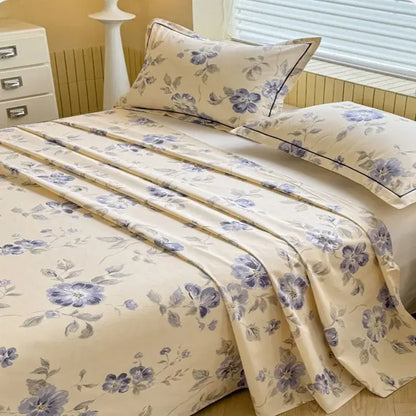 Cream flower print satin bed cover bedroom mattress protector