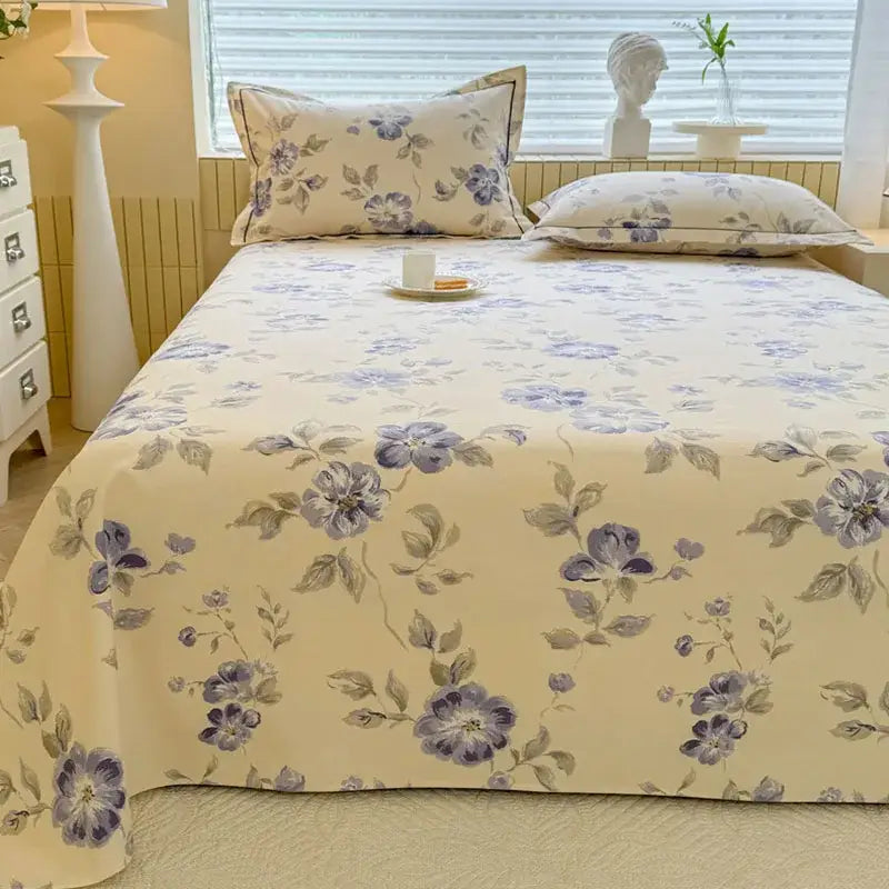 Cream flower print satin bed cover bedroom mattress protector