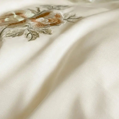 Cream flowers embroidery lace ruffles bedding set bedroom satin lyocell