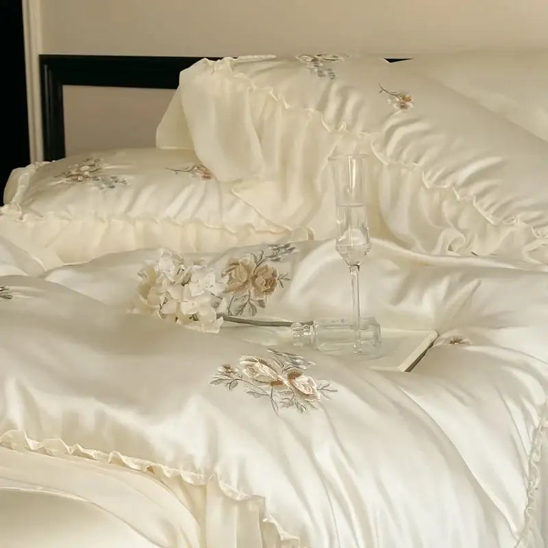 Cream flowers embroidery lace ruffles bedding set bedroom satin lyocell