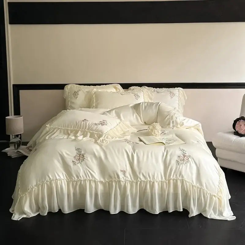 Cream flowers embroidery lace ruffles bedding set bedroom satin lyocell