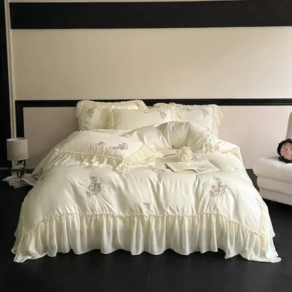 Cream flowers embroidery lace ruffles bedding set bedroom satin lyocell