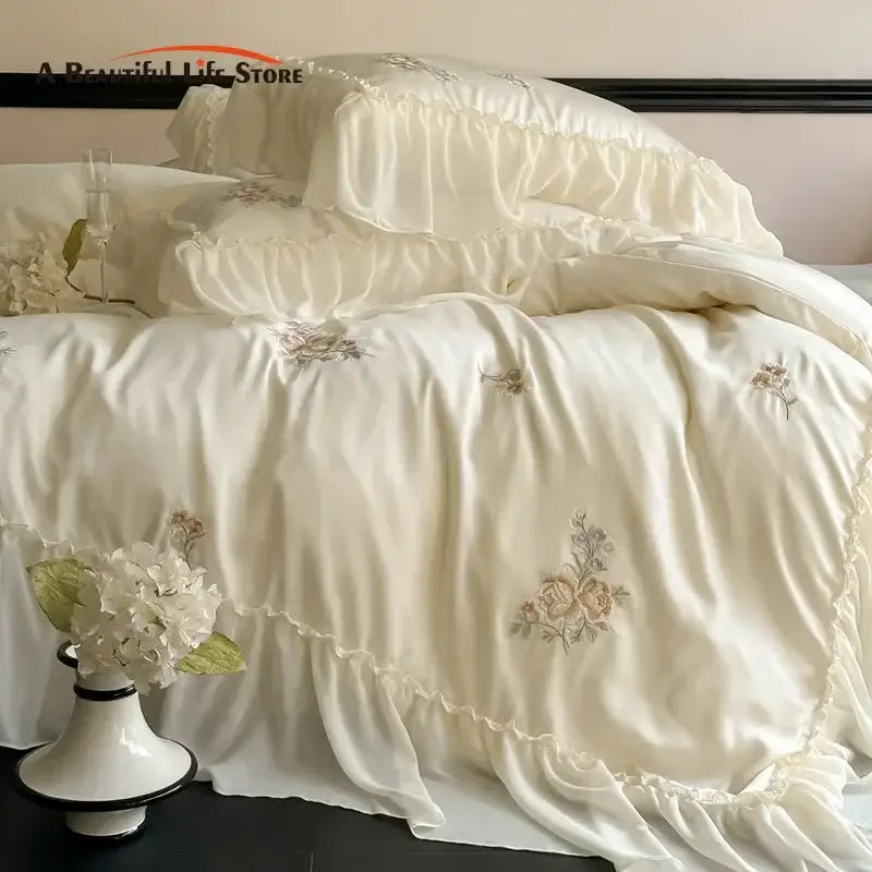 Cream flowers embroidery lace ruffles bedding set bedroom satin lyocell