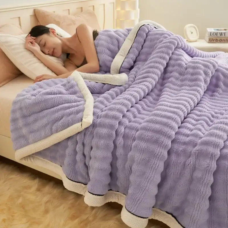 Cream fluffy rabbit plush quilted blanket bedroom warm bedding