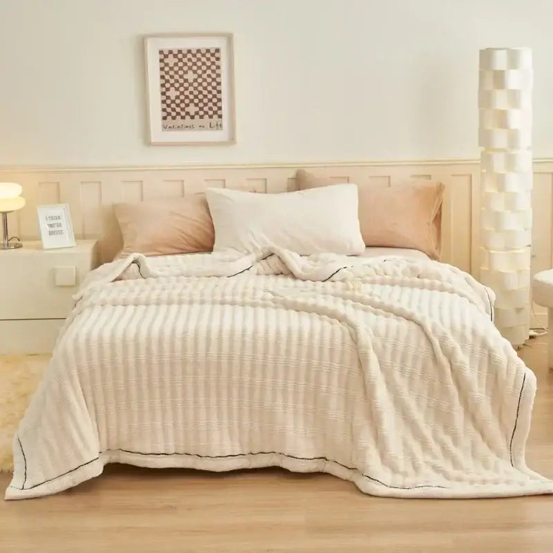 Cream fluffy rabbit plush quilted blanket bedroom warm bedding