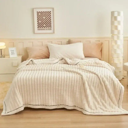 Cream fluffy rabbit plush quilted blanket bedroom warm bedding