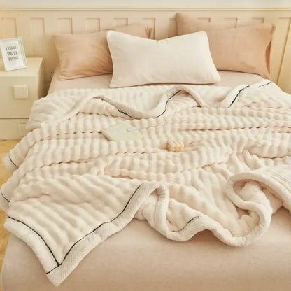 Cream fluffy rabbit plush quilted blanket bedroom warm bedding