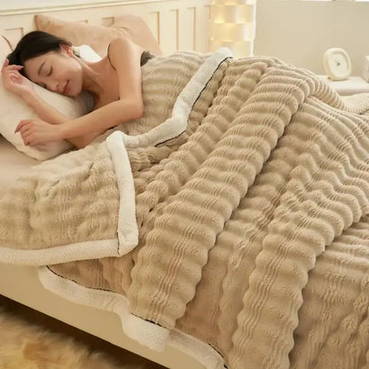 Cream fluffy rabbit plush quilted blanket bedroom warm bedding