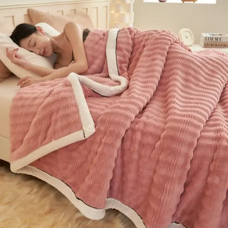 Cream fluffy rabbit plush quilted blanket bedroom warm bedding
