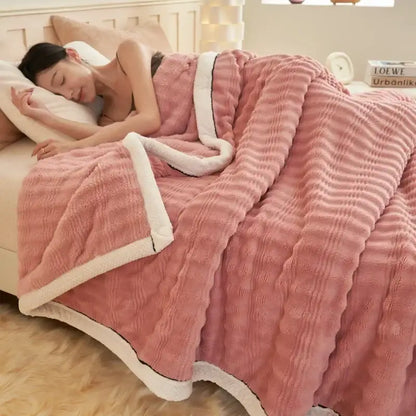 Cream fluffy rabbit plush quilted blanket bedroom warm bedding