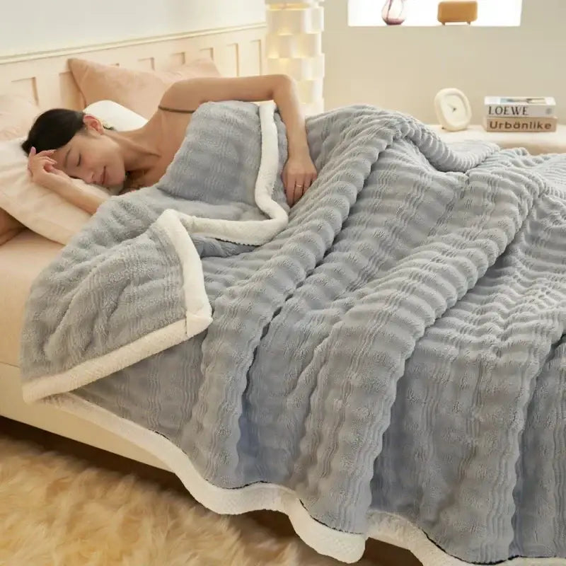 Cream fluffy rabbit plush quilted blanket bedroom warm bedding
