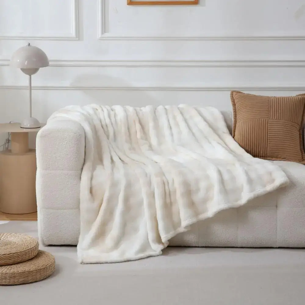 Cream fuzzy faux fur blanket bedroom and living room throw