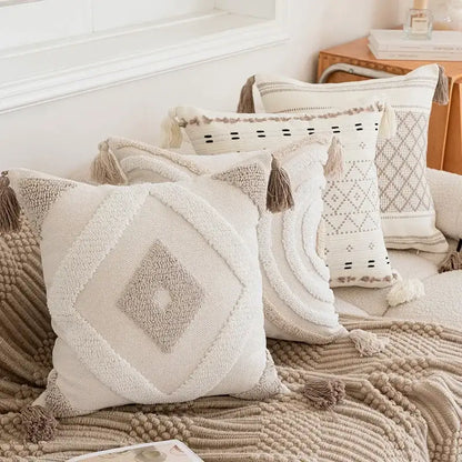 Cream geometric embroidered crocheted pillow cover living room decor