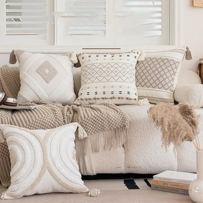 Cream geometric embroidered crocheted pillow cover living room decor