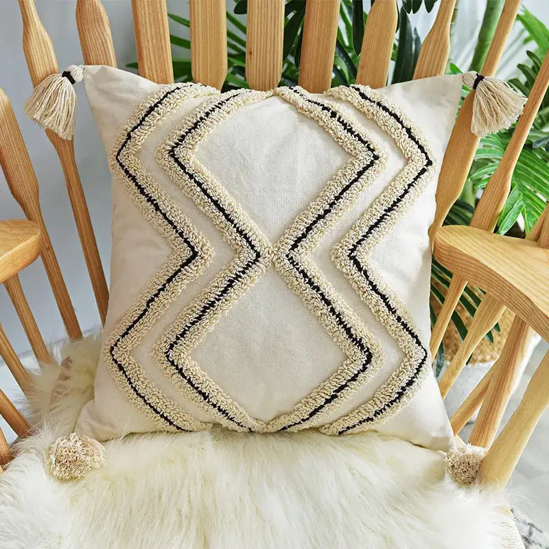 Cream geometric embroidery cushion cover living room textured tassels