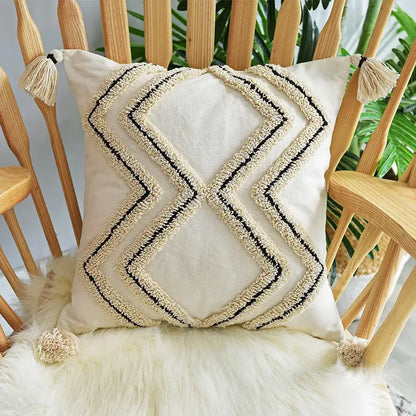 Cream geometric embroidery cushion cover living room textured tassels