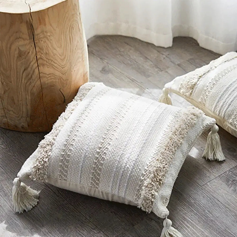 Cream geometric embroidery cushion cover living room textured tassels