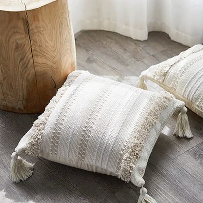 Cream geometric embroidery cushion cover living room textured tassels