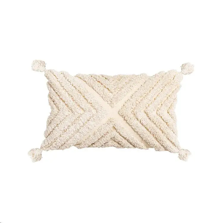 Cream geometric embroidery cushion cover living room textured tassels
