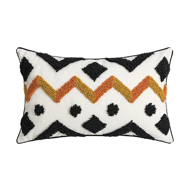 Cream geometric embroidery cushion cover living room textured tassels