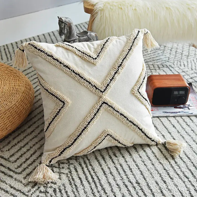 Cream geometric embroidery cushion cover living room textured tassels