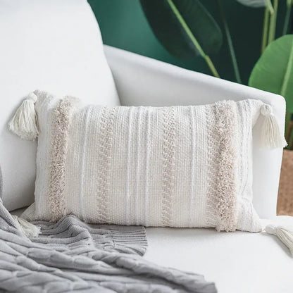 Cream geometric embroidery cushion cover living room textured tassels