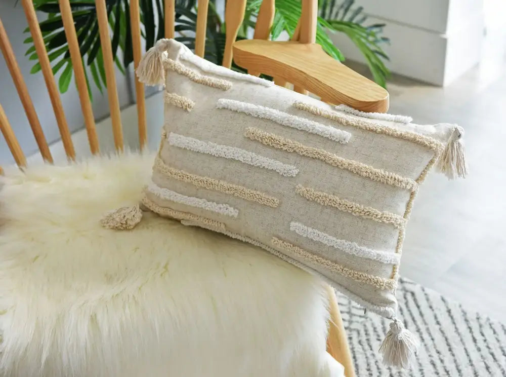 Cream geometric embroidery cushion cover living room textured tassels