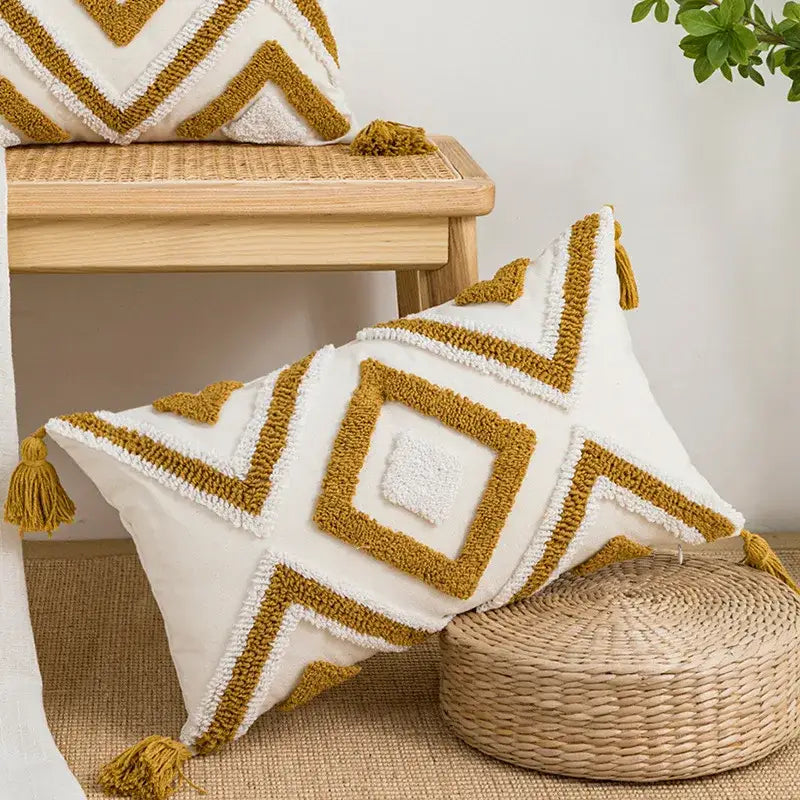 Cream geometric embroidery cushion cover living room textured tassels