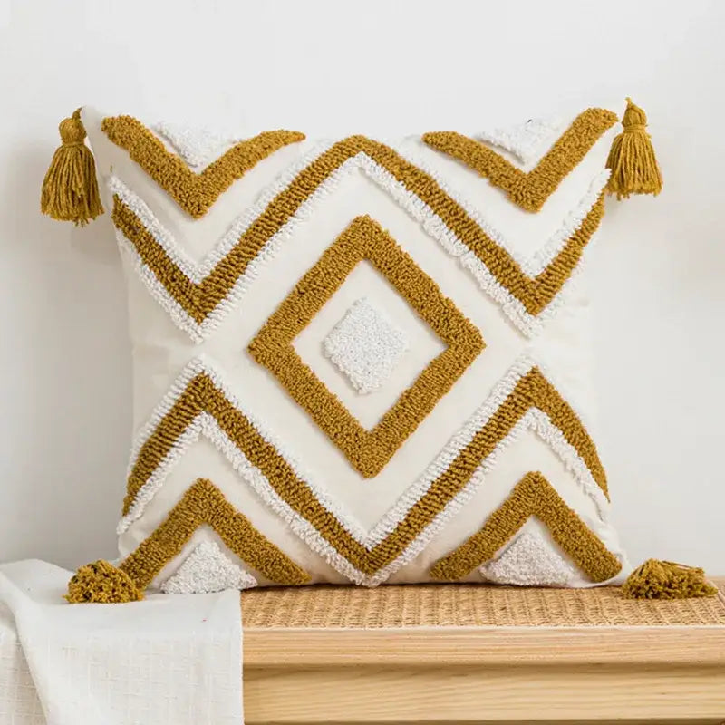 Cream geometric embroidery cushion cover living room textured tassels